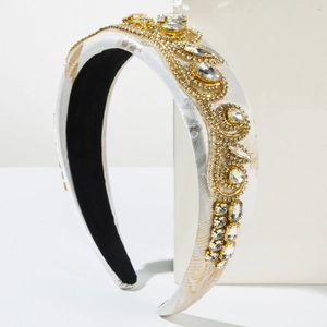 Luxe white jacquard fabric headband with vintage gold floral rhinestones and crystal beads