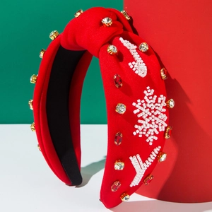 Red Christmas headband with JOY letter beadwork and white snowflake crystal details