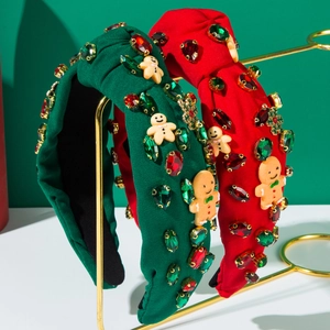 Christmas Knotted Headband Fabric Wide Hair Hoop Gingerbread Man Snowflake Rhinestone Festive Hair Accessories For Women