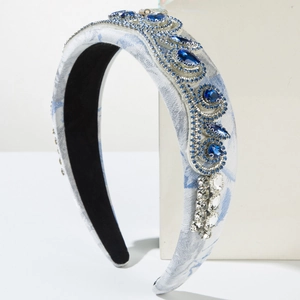 Vintage blue embroidered padded headband with sparkling crystals for elegant party hairstyles