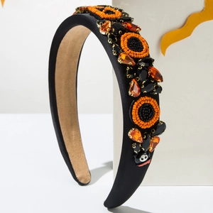 Serre-tête Halloween avec fleurs en cristal orange et perles sur bandeau noir