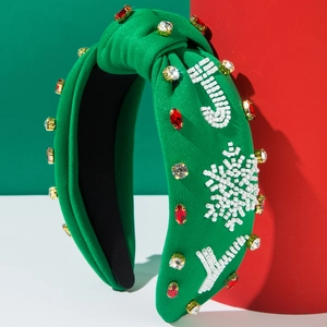 Christmas knotted green headband with JOY embroidery, red rhinestones and white beads