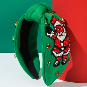 Serre-tête de Noël vert avec motif Père Noël perlé et strass brillants faits main