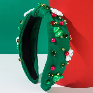 Serre-tête de Noël en tricot vert avec Père Noël, bonhomme de neige et strass brillants