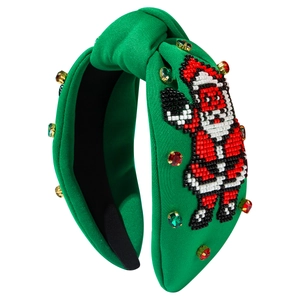 Serre-tête noué vert avec broderie de perles Père Noël et strass étincelants