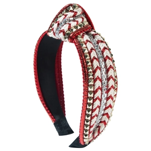 Braided wide headband with red fabric, crystals, and gold studs for party wear