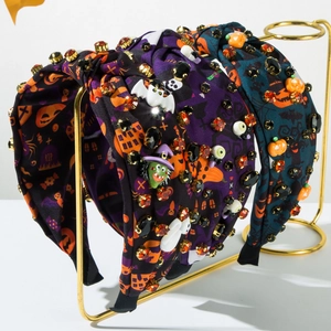 Halloween Knotted Wide Headband Fashion Printed Fabric Rhinestone Resin Pumpkin Ghost Bat Accessories For Women Holiday Party