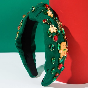 Knotted green Christmas headband with gingerbread man charm and sparkling rhinestones
