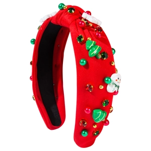 Serre-tête rouge festif avec sapin en résine bonhomme de neige et strass brillants