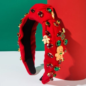 Christmas knot headband with red fabric, sparkling rhinestones and gingerbread man decor