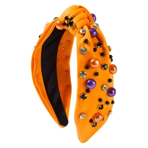 Halloween Haarreif in Orange geknotet mit lila Perlen und Strasssteinen verzierter