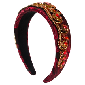 Luxury vintage red embroidered sponge headband with sparkling rhinestones and gold beadwork