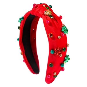 Cerchietto natalizio rosso a nodo con perle colorate, strass e piccoli fiocchi dorati