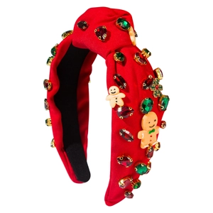 Christmas red knotted headband with rhinestone gingerbread man and snowflake details