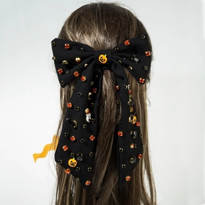 Nœud à cheveux Halloween avec strass brillants, breloques citrouille et fantôme