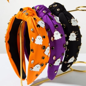 Serre-Tête Noué Fantôme d'Halloween pour Femme Breloque Fantôme Ornée de Strass Tissu Large Accessoire de Cheveux Fête