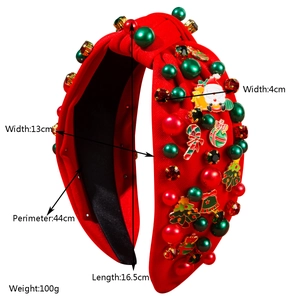 Red Christmas knotted headband with Santa and rhinestone details, size 16.5x13cm