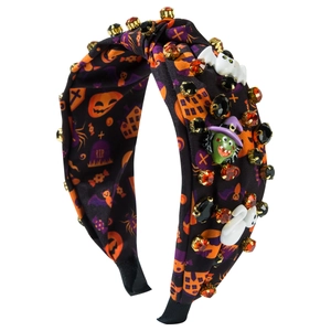 Halloween headband with ghost pumpkin print and sparkling orange black rhinestones