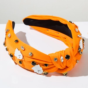Vue détaillée du serre-tête noué orange d'Halloween avec breloques fantômes et strass