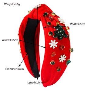 Serre-tête de Noël rouge tricoté avec sapin à paillettes, flocons de neige et strass brillants