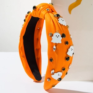 Serre-tête Halloween orange à nœud avec breloques fantômes et strass brillants