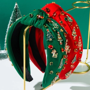 Christmas Knotted Headband Alloy Reindeer Christmas Tree Rhinestone Velvet Hair Band Festive Party Accessories For Women