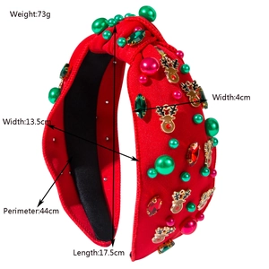 Christmas red knotted headband with rhinestones pearls and golden reindeer charms