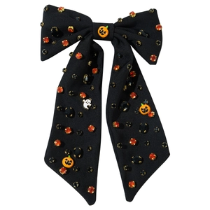 Nœud pour cheveux Halloween noir avec strass orange, citrouille et petit fantôme