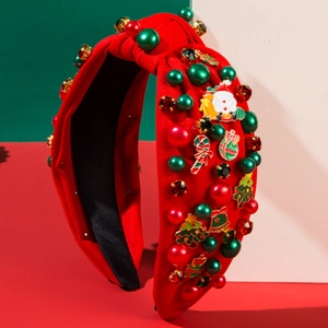 Red Christmas headband with rhinestones, Santa Claus charms and festive tree elements