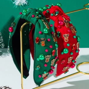 Christmas Knotted Padded Headband For Women Reindeer Charms Rhinestone Artificial Pearl Festive Party Fashion Hair Accessories