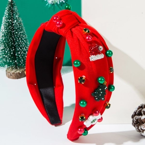 Serre-tête de Noël avec perles rouges, strass verts et pendentifs de fête élégants