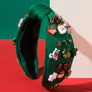 Serre-tête de Noël vert avec strass, Père Noël et ornements festifs de renne et cloches