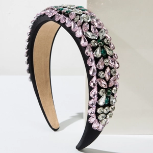 Cerchietto barocco largo con cristalli rosa e verdi su base nera per feste eleganti
