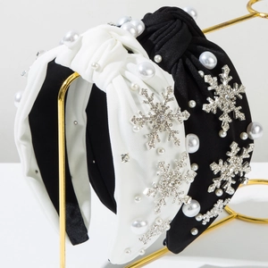 Serre-Tête Noué Flocon de Neige de Noël pour Femmes Luxe Strass Fausse Künstliche Perle Large Bandeau en Tissu Accessoires Cheveux de Fête