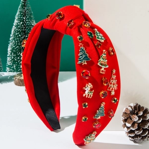 Christmas red velvet knotted headband with festive rhinestone reindeer and tree decorations