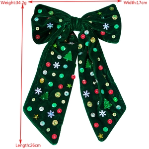 Fiocco per capelli natalizio in velluto verde con paillettes e fiocchi di neve, 17x26cm