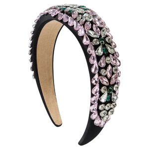 Cerchietto barocco largo con cristalli rosa, verdi e perle su base in seta nera