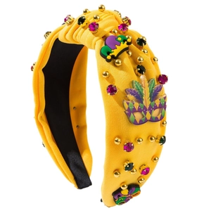 Serre-tête jaune de Mardi Gras avec strass colorés, couronne violette et masque festif