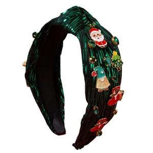 Green fabric Christmas headband with Santa motifs, emerald crystals and festive ornaments