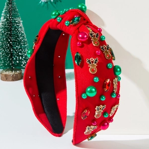 Christmas red knotted headband with pearls, colorful crystals and golden reindeer charms