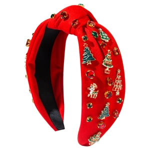 Red Christmas knotted headband with festive rhinestones and enamel reindeer charms