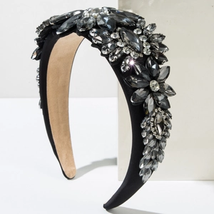 Baroque black sponge headband featuring dark grey crystals and white pearls in floral design
