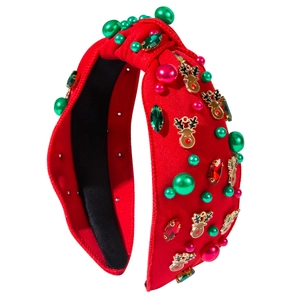 Christmas knot headband in red fabric with rhinestone pearls and golden reindeer charms