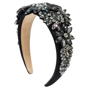 Baroque padded headband with dark crystals and pearls on black velvet fabric base