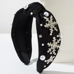 Serre-tête en velours noir orné de perles et de flocons de neige en cristal brillant