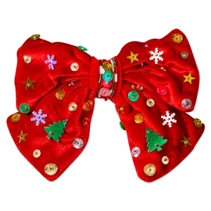 Barrette nœud de Noël en velours rouge avec sapin brodé flocon de neige et paillettes