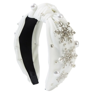 Serre-tête blanc noué rembourré avec perles et flocons de neige en strass brillants