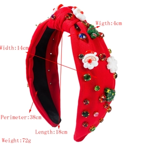 Red knotted Christmas headband with Santa Claus motif and colorful rhinestones