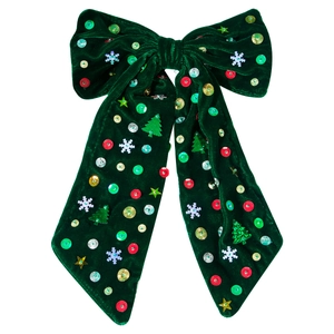 Fiocco natalizio in velluto verde con paillettes, motivi di fiocchi e alberi