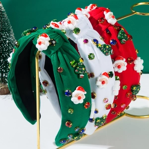 Christmas Headband Wide Knotted Rhinestone Santa Claus Xmas Tree Decorative Hair Hoop For Women Holiday Party Hair Accessories